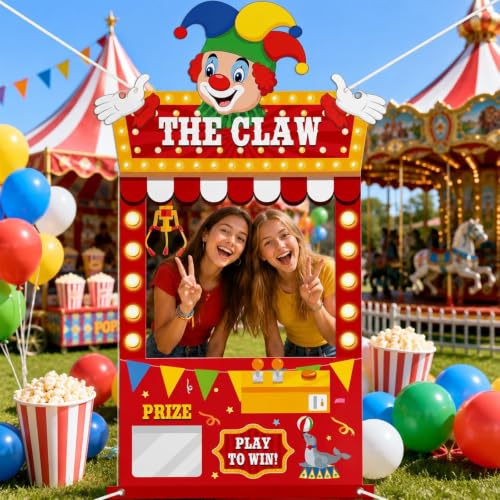 Carnival Circus Claw Machine Photo Backdrop with Clown & Lights - Party Decorations