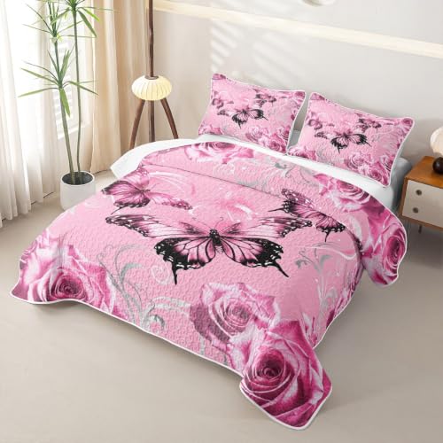 Pink Butterfly Quilt Set Queen Size 3D Bedspread with Pillowcases Kids Girls