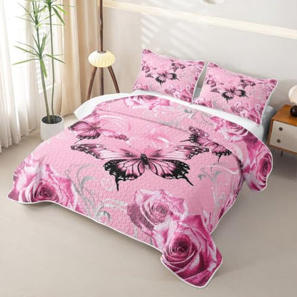 Pink Butterfly Quilt Set Queen Size 3D Bedspread with Pillowcases Kids Girls