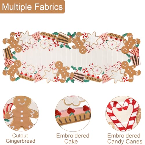 Gingerbread Christmas Table Runner 13x36 Inches Candy Cane Embroidered Decor