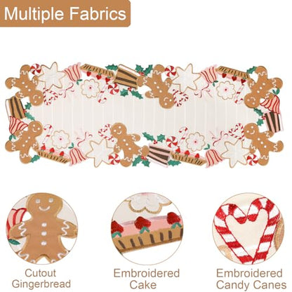 Gingerbread Christmas Table Runner 13x36 Inches Candy Cane Embroidered Decor