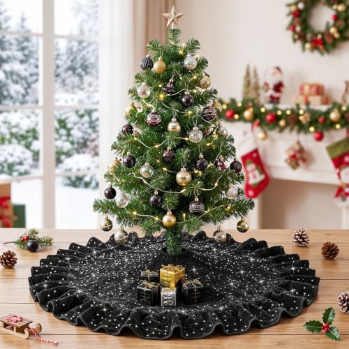 Black Sequin Mini Christmas Tree Skirt 24 Inch Halloween Decor Variation