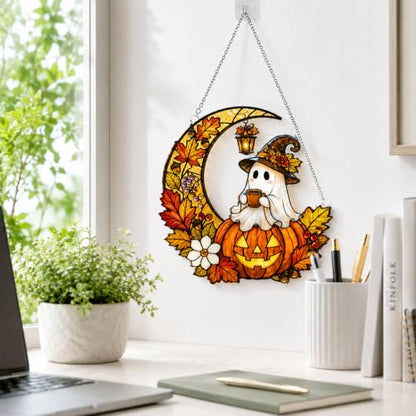 Halloween Ghost Pumpkin Ornament - Witchy Stained Glass Suncatcher, Fall Decor, Pumpkin Variation