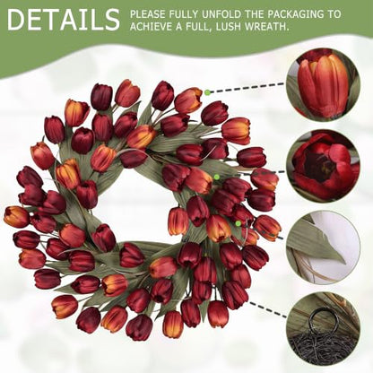 Wine Red Tulip Fall Wreath 24-Inch Front Door Decor - Fade-Resistant