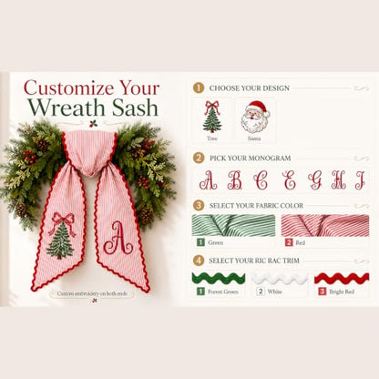 Multicolor Personalized Christmas Wreath Sash with Monogram & Embroidery