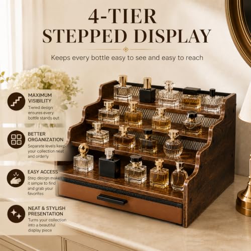Brown Wooden 4-Tier Cologne Organizer Stand with Drawer - Square