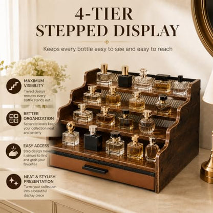 Brown Wooden 4-Tier Cologne Organizer Stand with Drawer - Square