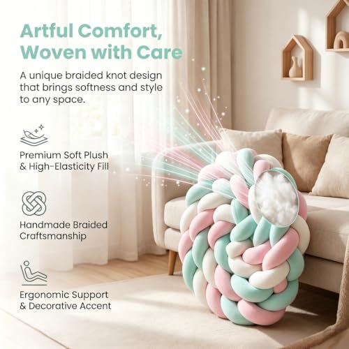 Mixed-Color Handmade 3-Strand Braided Knot Pillow - Soft Plush Decorative Throw, 141.7in (3.6m) - White Pink Grey