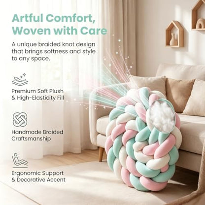Mixed-Color Handmade 3-Strand Braided Knot Pillow - Soft Plush Decorative Throw, 141.7in (3.6m) - White Pink Grey