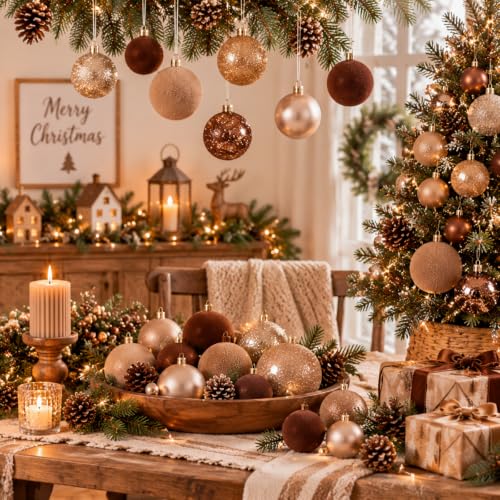 Neutral Christmas Ball Ornaments Set - Vintage Mocha Brown Velvet, Gold Variation
