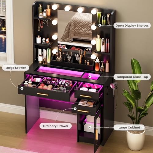 35.4 Inch Makeup Vanity Desk with Mirror, Lights & Glass Top – Black
