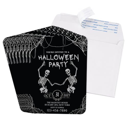 Personalized Halloween Party Invitations with Envelopes, 24 Pack - Thick 5x7 Spooky Skeletons & Cobweb Design