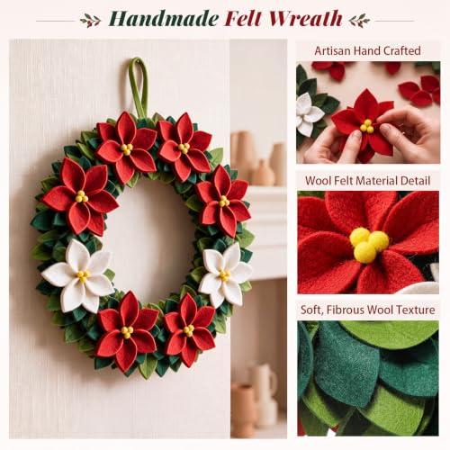 18-Inch Felt Poinsettia Wreath - Red & White Floral Holiday Decoration (Variation: Red / Red White Flower)