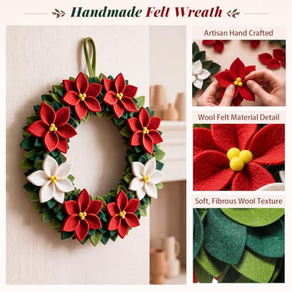 18-Inch Felt Poinsettia Wreath - Red & White Floral Holiday Decoration (Variation: Red / Red White Flower)
