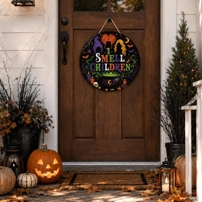 Halloween Door Sign I Smell Children - Witch Themed Front Door Decoration - Orange & Green