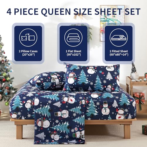 Queen Size Blue Christmas Sheet Set with Snowman Design - 4 Pieces