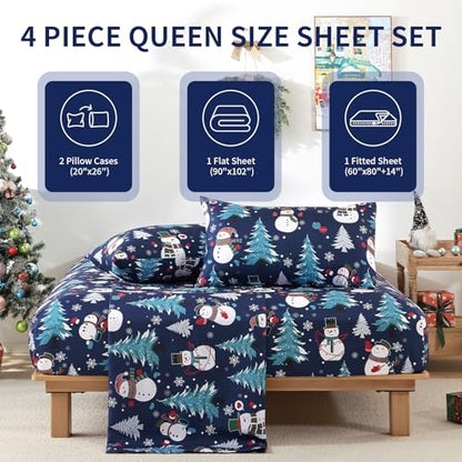 Queen Size Blue Christmas Sheet Set with Snowman Design - 4 Pieces