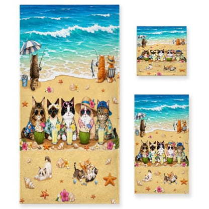 Cat Beach Towel Set - 3 Piece Summer Cat Bath Towels with Ocean Theme - Miaow Variation