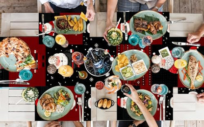Christmas Table Runner and Placemats Set with Santa Claus Variation - 7 Pieces, Buffalo Plaid, Snowman, Deer, Holiday Kitchen Decor