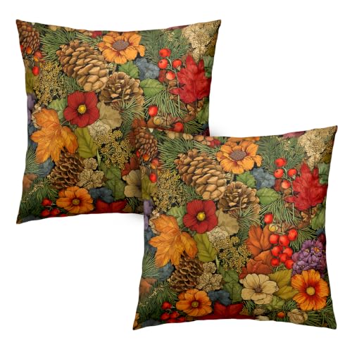 Autumn Woodland Floral Throw Pillow Covers Set of 2 - 18x18 Inch Fall Leaf Cushion Cases for Home Decor