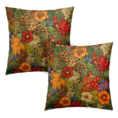 Autumn Woodland Floral Throw Pillow Covers Set of 2 - 18x18 Inch Fall Leaf Cushion Cases for Home Decor