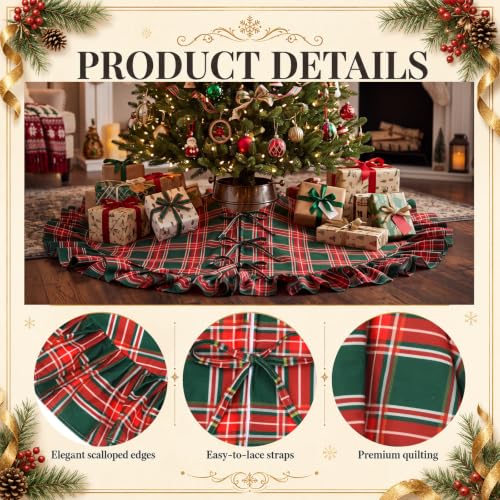 Blueweenly Green Red Plaid Ruffled Christmas Tree Skirt 36 Inch - Holiday Decor