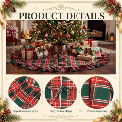 Blueweenly Green Red Plaid Ruffled Christmas Tree Skirt 36 Inch - Holiday Decor