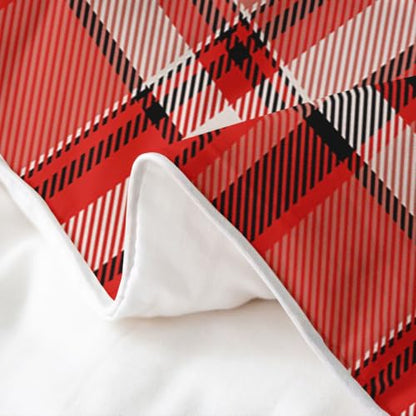 Gingham Black Red Full Size Bedding Set 3Pcs Cotton Duvet Cover & Pillowcases