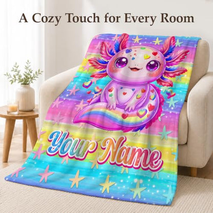 Custom Axolotl Blanket for Girls Kids Violet - Personalized Cozy Throw for Bed Sofa Travel