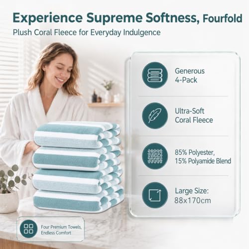 Large Microfiber Bath Towel Set - Light Green, 34.6 x 67 Inches, 4 Pieces