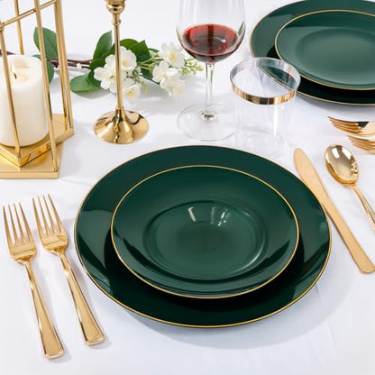 Disposable Dinner Plates 10.25 Inch Green & Gold Plastic Set 100PCS - Elegant & Durable
