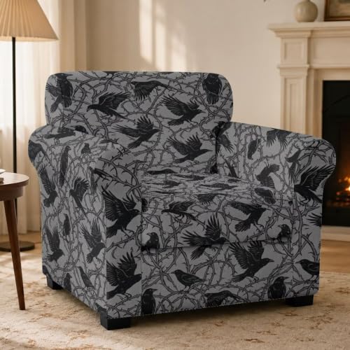 Gothic Crow Thorn Branch Universal Armchair Sofa Cover with Arms - Accent Chair Protector - Black+Pink