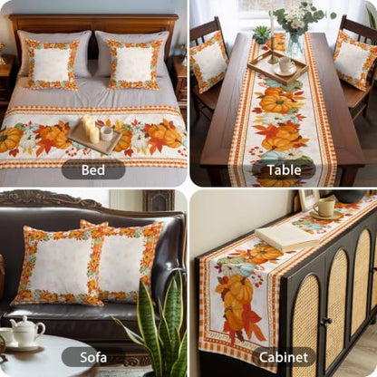 Fall Bed Runner with Matching Pillow Covers - Cal King Size 102x20 Orange Maple Leaves & Pumpkin Decor