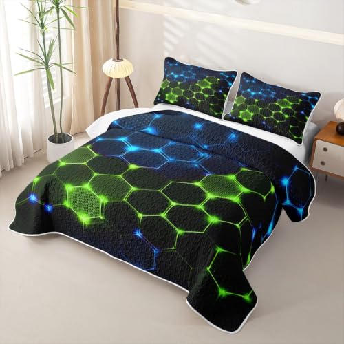 Castle Fairy 3D Honeycomb Block Quilt Set Twin Size Neon Blue Green with Pillow Sham - Geometric Kids Bedding