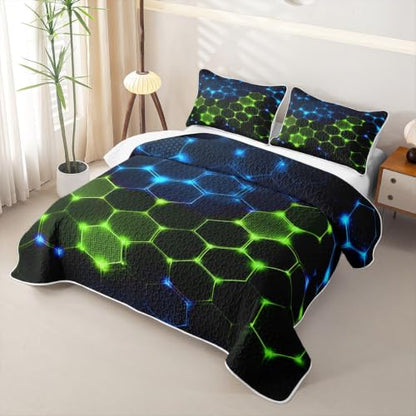 Castle Fairy 3D Honeycomb Block Quilt Set Twin Size Neon Blue Green with Pillow Sham - Geometric Kids Bedding