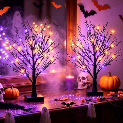 Orange Purple 2-Pack 24-Inch Black Halloween Trees with LED Lights & Timer