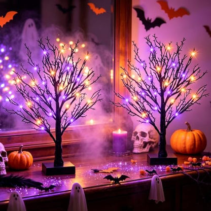 Orange Purple 2-Pack 24-Inch Black Halloween Trees with LED Lights & Timer
