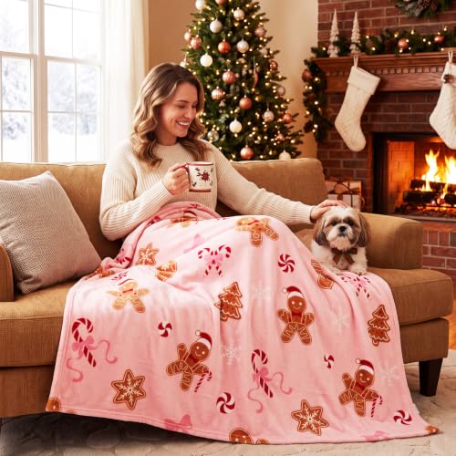 Pink Gingerbread Man Throw Blanket - 50x60 Fuzzy Flannel Xmas Decor