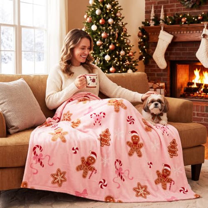 Pink Gingerbread Man Throw Blanket - 50x60 Fuzzy Flannel Xmas Decor