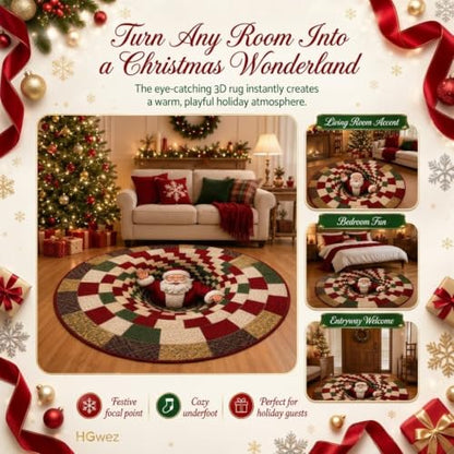 Christmas 3D Vortex Santa Floor Mat - Round Optical Illusion Rug, 39.37in, Anti-slip, Easy Clean