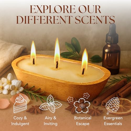 Christmas Tree Soy Candle in Rustic Wooden Dough Bowl - 6 Wick, 32oz