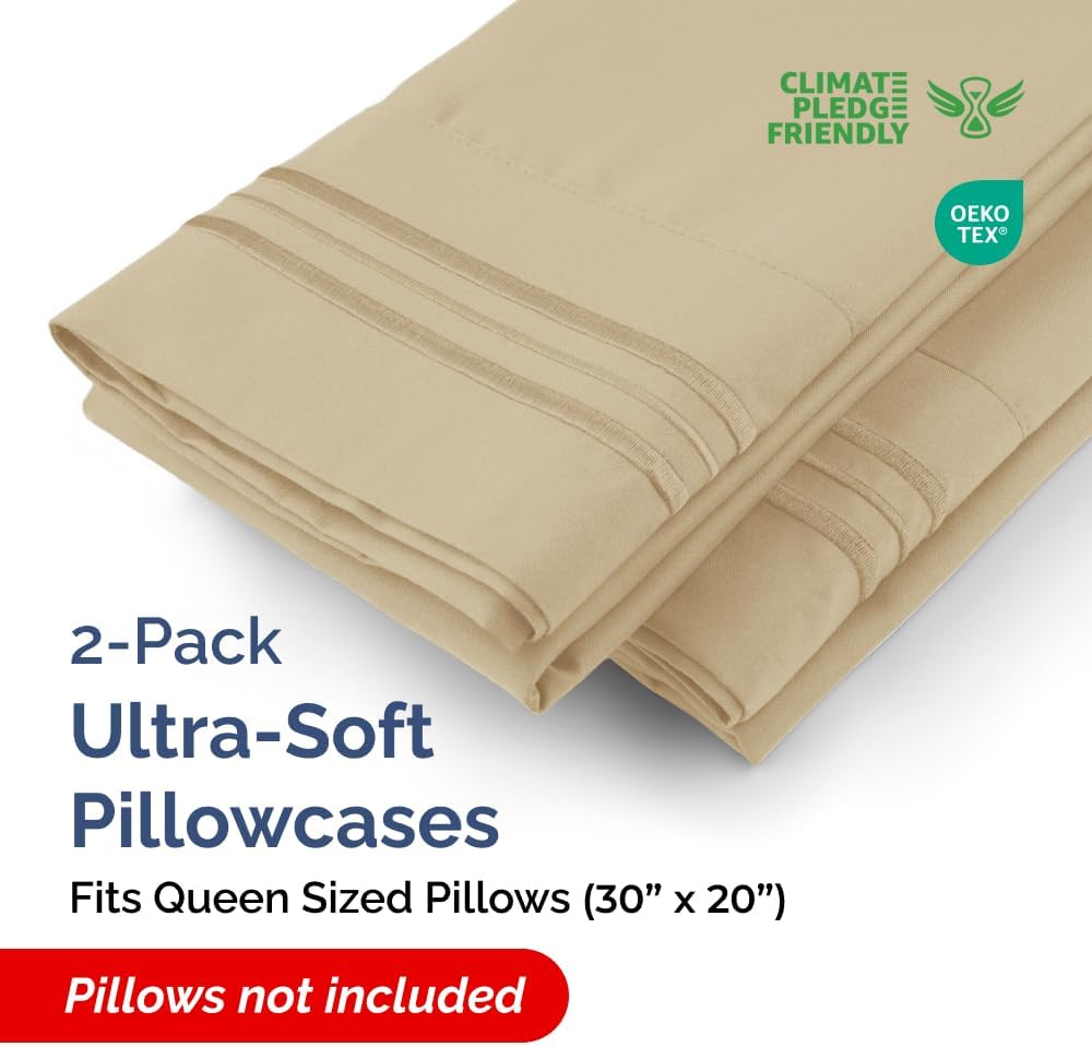 Queen Pillow Cases by Hotel Quality - Ultra Soft, Wrinkle-Free & Stain Resistant - 2 Piece Set in Beige
