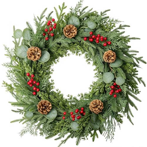 24 Inch Artificial Christmas Wreath with Pine Cones and Eucalyptus for Front Door & Indoor Decor