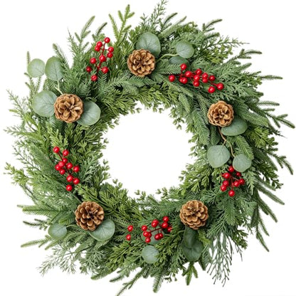 24 Inch Artificial Christmas Wreath with Pine Cones and Eucalyptus for Front Door & Indoor Decor