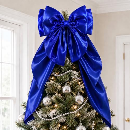 Royal Blue Large Christmas Bow Tree Topper 20 x 32 Inches Satin Decoration