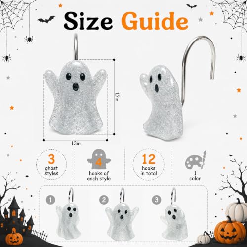 Halloween Ghost Shower Curtain Hooks Set - 12 Decorative Resin & Metal Hooks