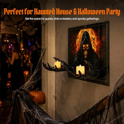 Halloween 3D Grim Reaper Wall Decor with LED Candles and Bats - Indoor Haunted House Gothic Wall Art