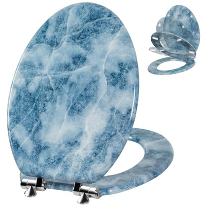 Elongated Wooden Toilet Seat with Soft Close - Blue Marble, 18.5"