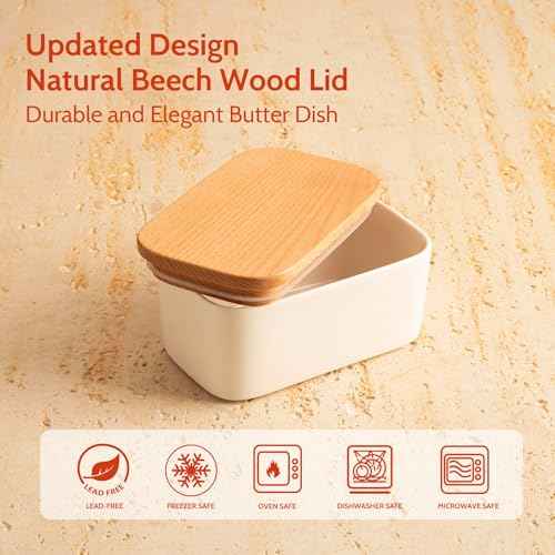 Sweese Large Butter Dish - Airtight Butter Keeper Holds Up to 2 Sticks of Butter - Porcelain Container with Beech Wooden Lid, White