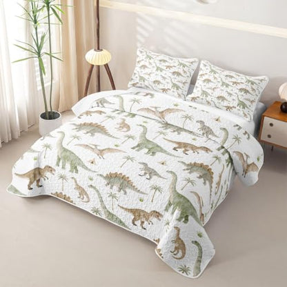 Kids Dinosaur Quilt Set Twin Green White Jungle Dinos Bedspread Lightweight Bedding